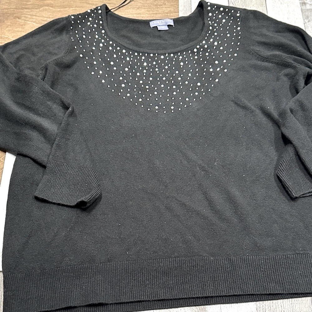 Laura Scott Black Sweater with Studded Scoop Neck size 1X
